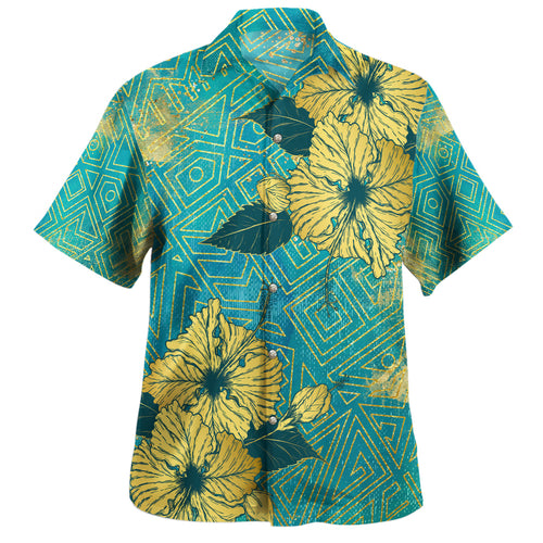 Hawaii Hawaiian Shirt Golden Hibiscus Turquoise Color Tribal Pattern