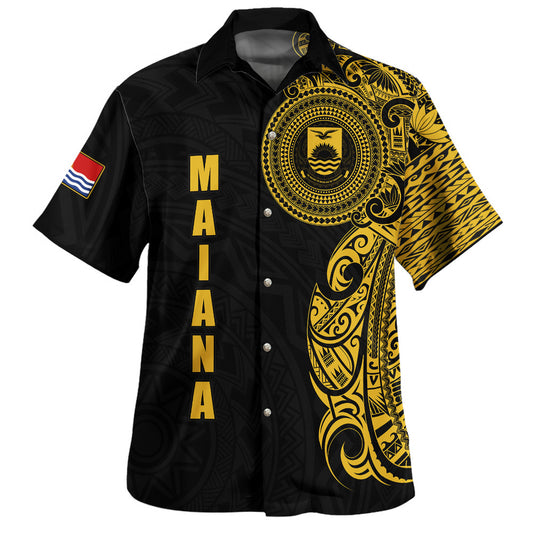 Kiribati MAIANA Hawaiian Shirt Polynesian Half Sleeve Gold Tattoo With Seal Black