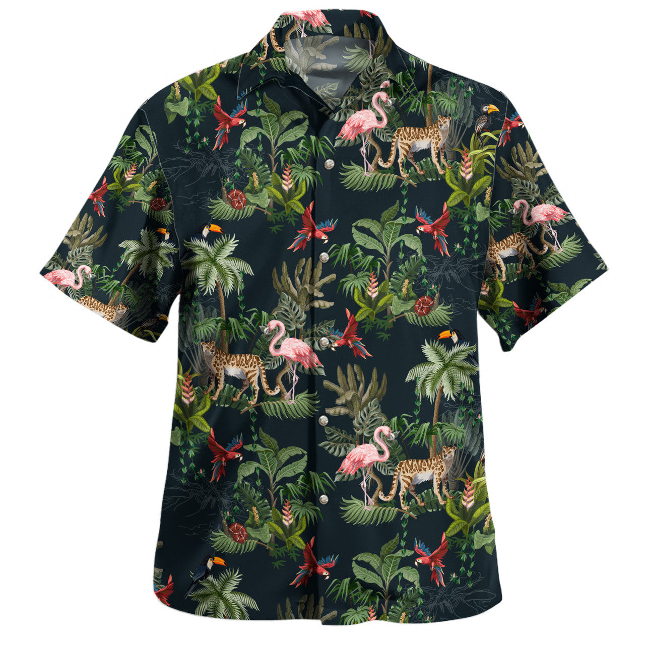 Safari Style Aloha Hawaiian Shirt Pink Flamingo Summer Green Tropic Palm Leaf