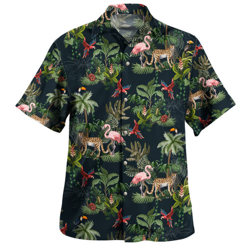 Safari Style Aloha Hawaiian Shirt Pink Flamingo Summer Green Tropic Palm Leaf