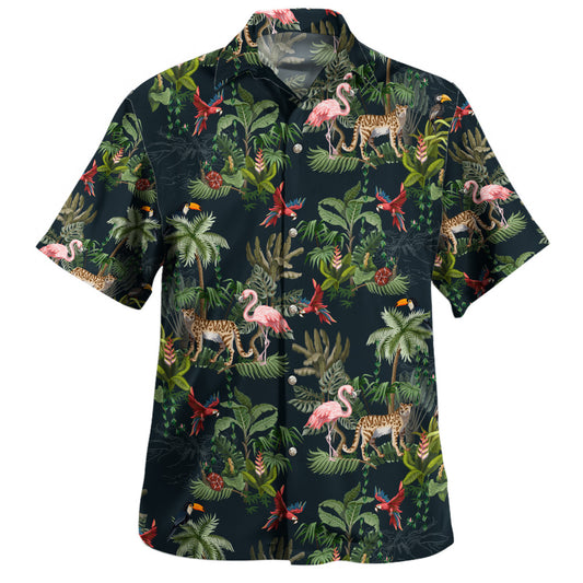 Safari Style Aloha Hawaiian Shirt Pink Flamingo Summer Green Tropic Palm Leaf