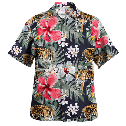 Safari Style Aloha Hawaiian Shirt Pattern Hibiscusand Frangipani Flowers And Tiger Background