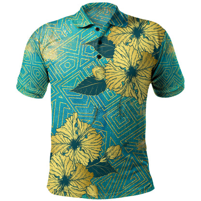 Hawaii Polo Shirt Golden Hibiscus Turquoise Color Tribal Pattern
