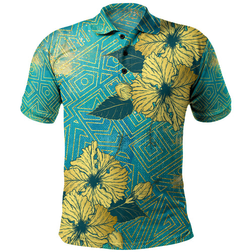 Hawaii Polo Shirt Golden Hibiscus Turquoise Color Tribal Pattern