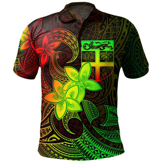 Fiji Polo Shirt Plumeria Flowers Vintage Style Reggae Colors
