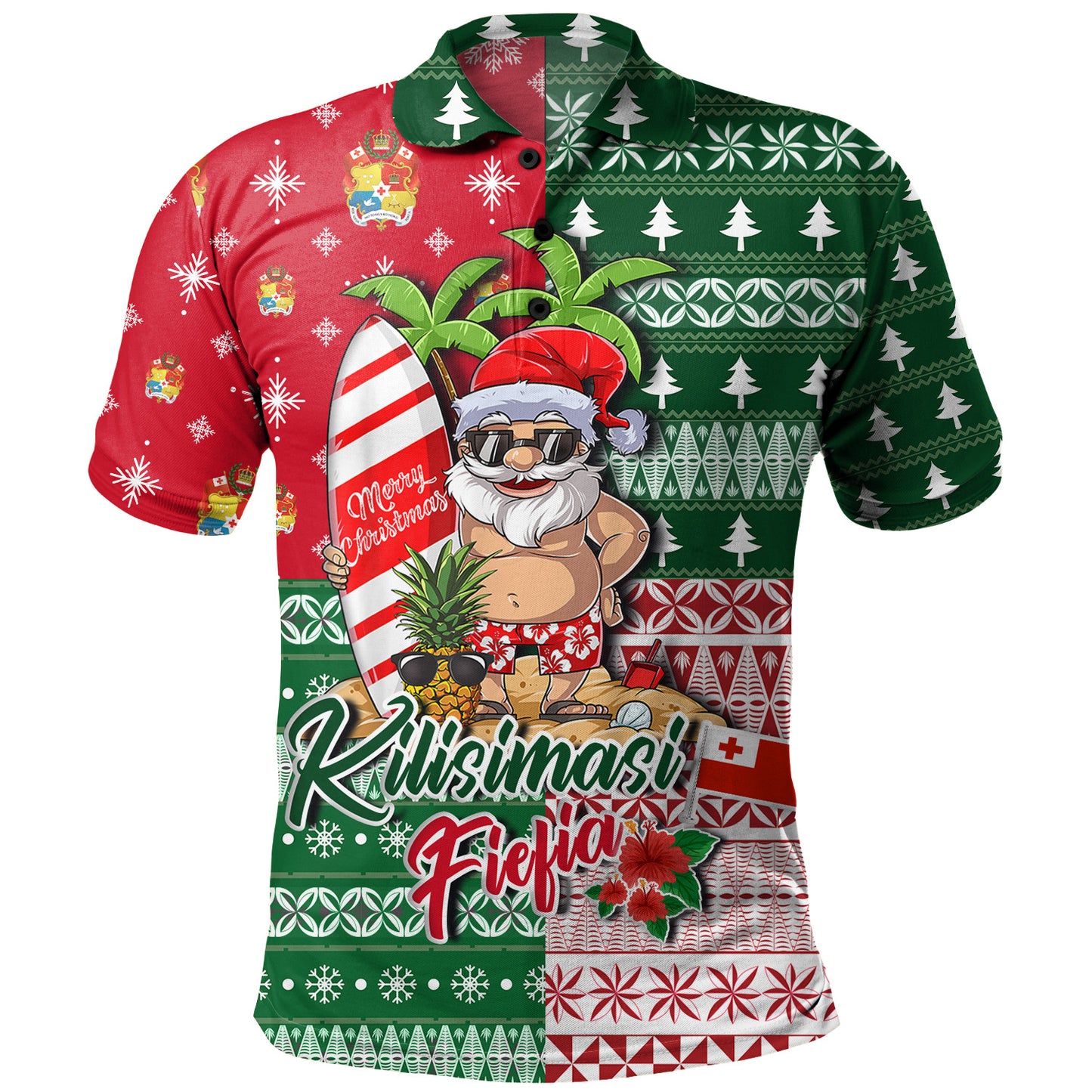 Tonga Polo Shirt Kilisimasi Fiefia Tropical Xmas Patterns