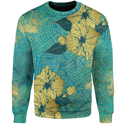 Hawaii Sweatshirt Golden Hibiscus Turquoise Color Tribal Pattern