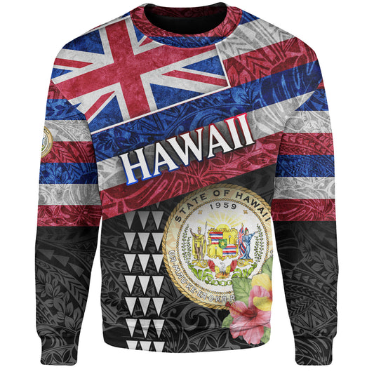 Hawaii Sweatshirt Hawaiian Flag Polynesian Tribal Hibiscus Style