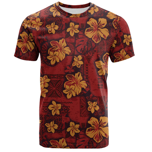 Hawaii T-Shirt Polynesian Tribal And Hibiscus Vintage Red Gold