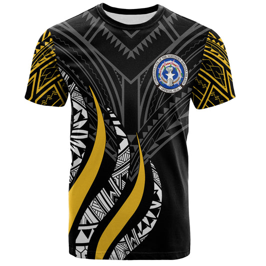 Northern Mariana Islands Custom Personalised T-Shirt - CNMI Strong Fire Pattern Gold