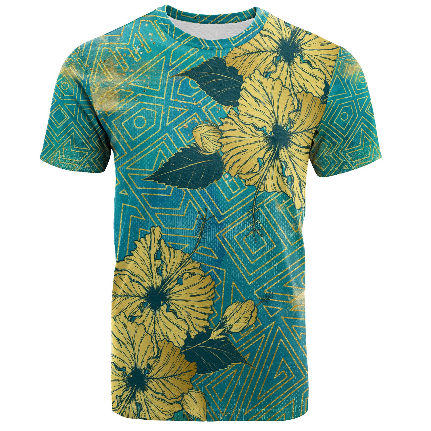 Hawaii T-Shirt Golden Hibiscus Turquoise Color Tribal Pattern