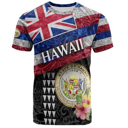 Hawaii T-Shirt Hawaiian Flag Polynesian Tribal Hibiscus Style