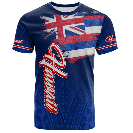 Hawaii T-Shirt Hawaii Flag Blue Color Polynesian Patterns Grunge Style