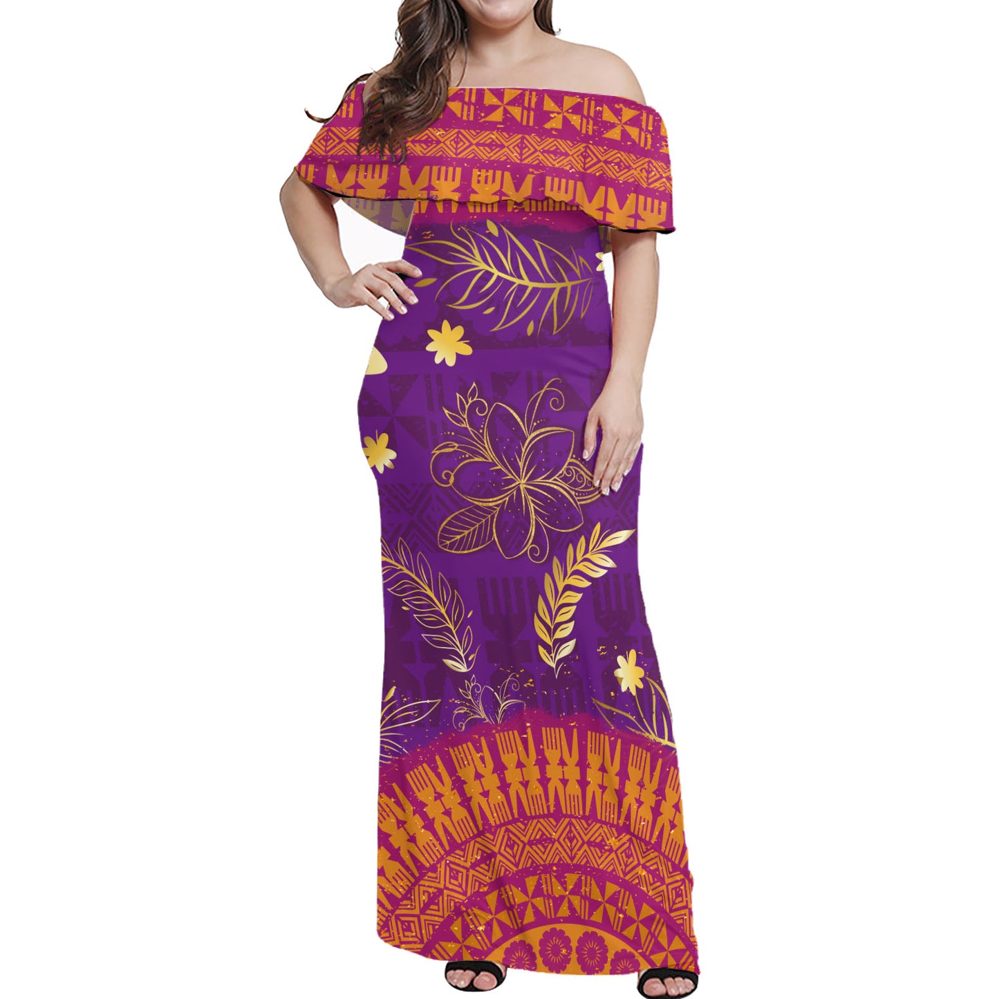 Fiji Woman Off Shoulder Long Dress Fiji Tapa Tropical Plumeria Flowers Bouquet
