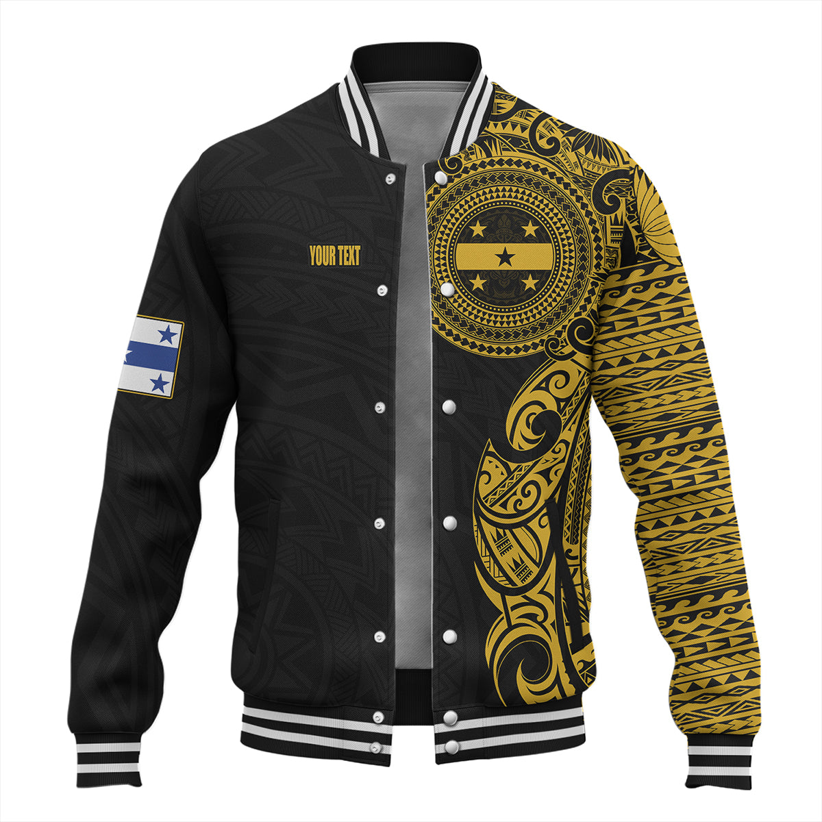 Gambier Islands Baseball Jacket Custom Polynesian Half Sleeve Gold Tattoo With Seal Black