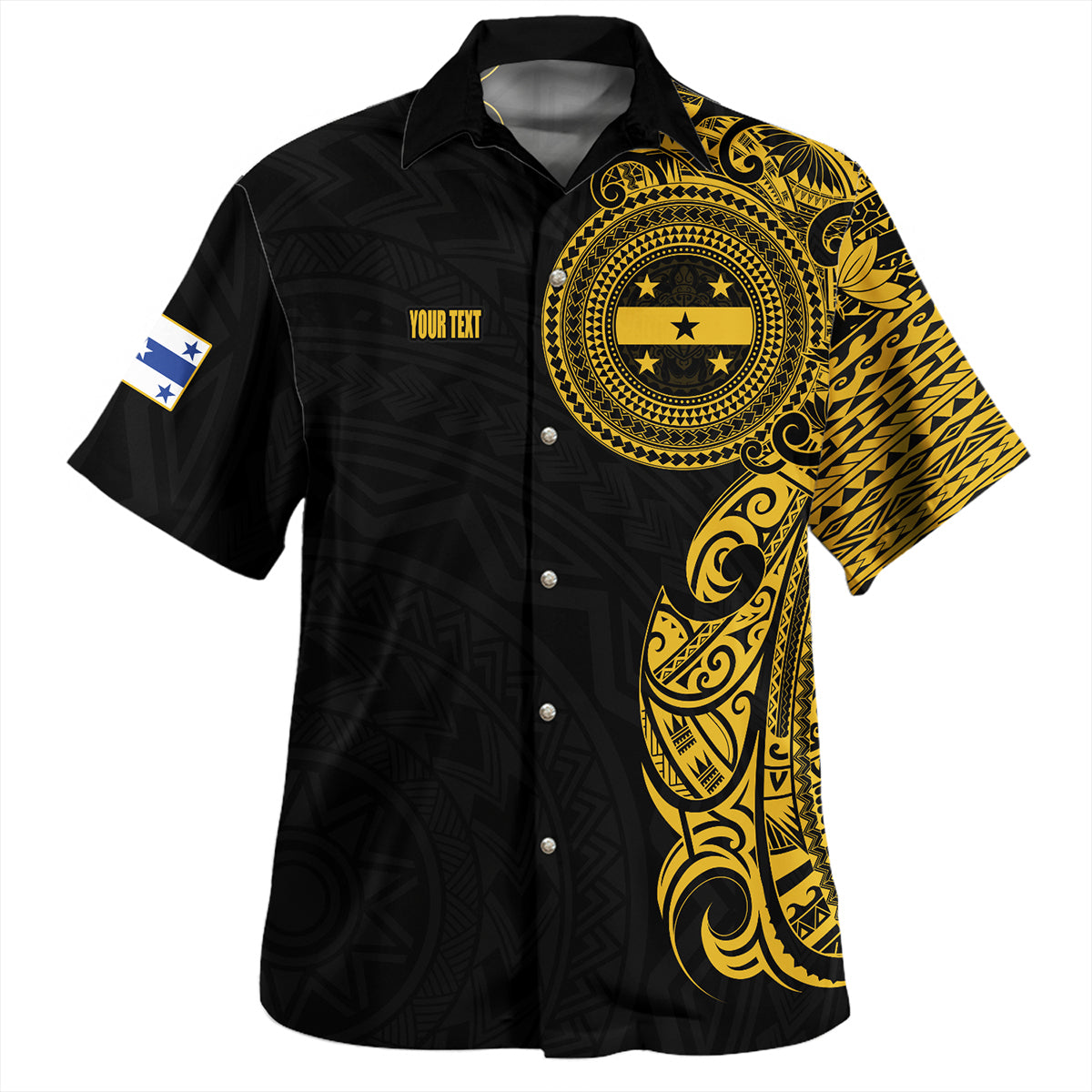 Gambier Islands Hawaiian Shirt Custom Polynesian Half Sleeve Gold Tattoo With Seal Black