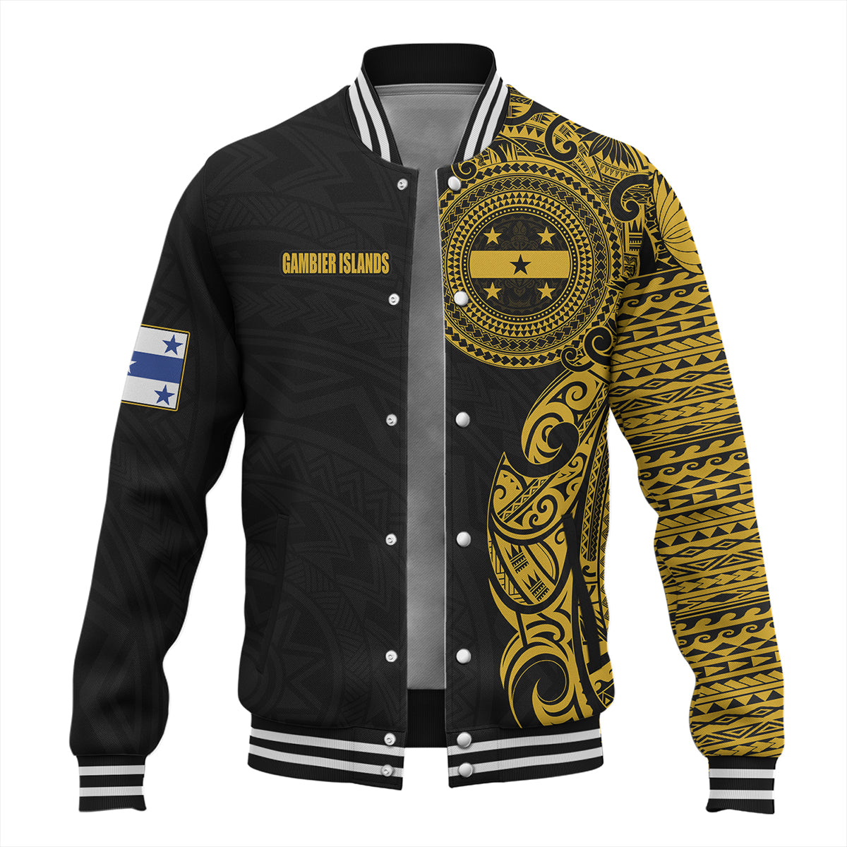 Gambier Islands Baseball Jacket Custom Polynesian Half Sleeve Gold Tattoo With Seal Black