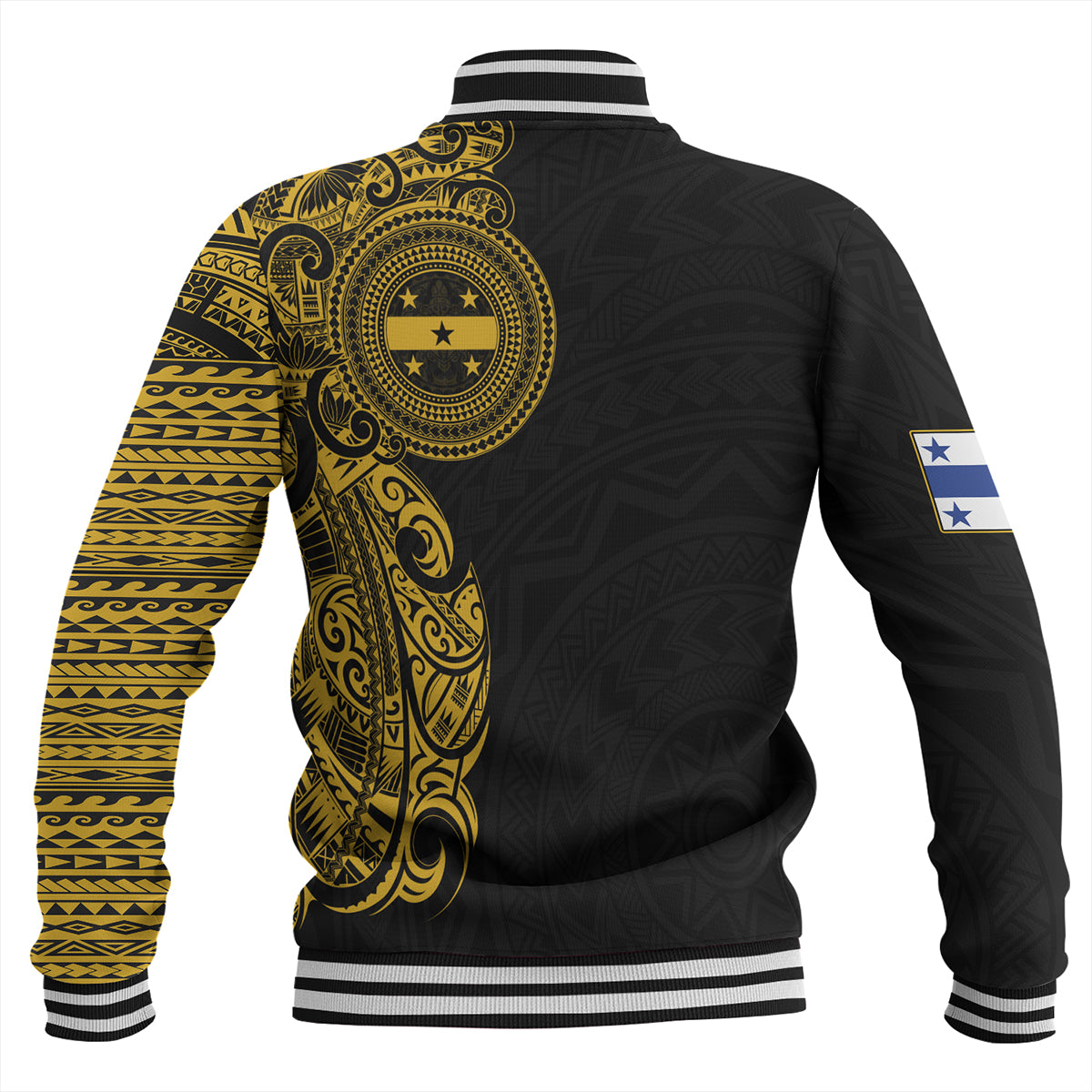 Gambier Islands Baseball Jacket Custom Polynesian Half Sleeve Gold Tattoo With Seal Black