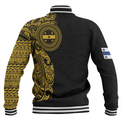 Gambier Islands Baseball Jacket Custom Polynesian Half Sleeve Gold Tattoo With Seal Black