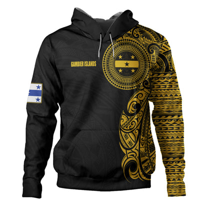 Gambier Islands Hoodie Custom Polynesian Half Sleeve Gold Tattoo With Seal Black