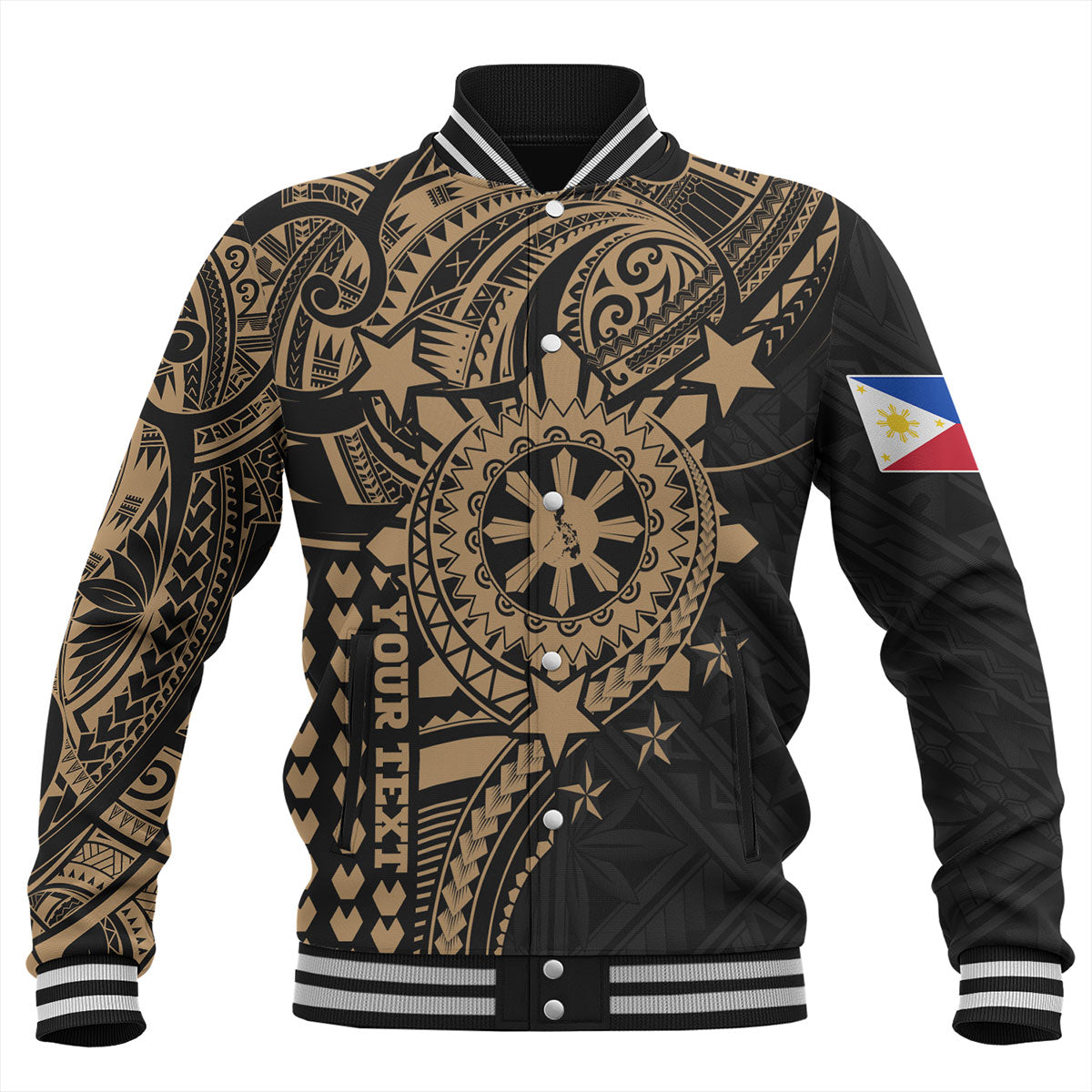 Philippines Filipinos Baseball Jacket - Proud To Be Filipino Tribal Sun Batok Gold Style