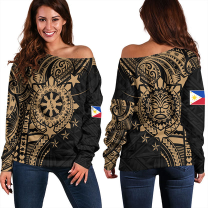 Philippines Filipinos Off Shoulder Sweatshirt - Proud To Be Filipino Tribal Sun Batok Gold Style