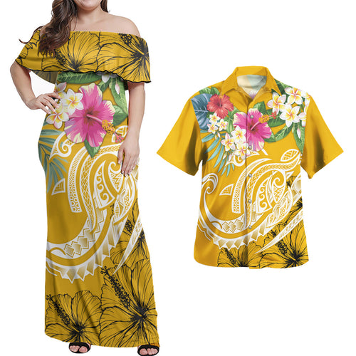 Polynesia Combo Dress And Shirt Summer Plumeria Gold