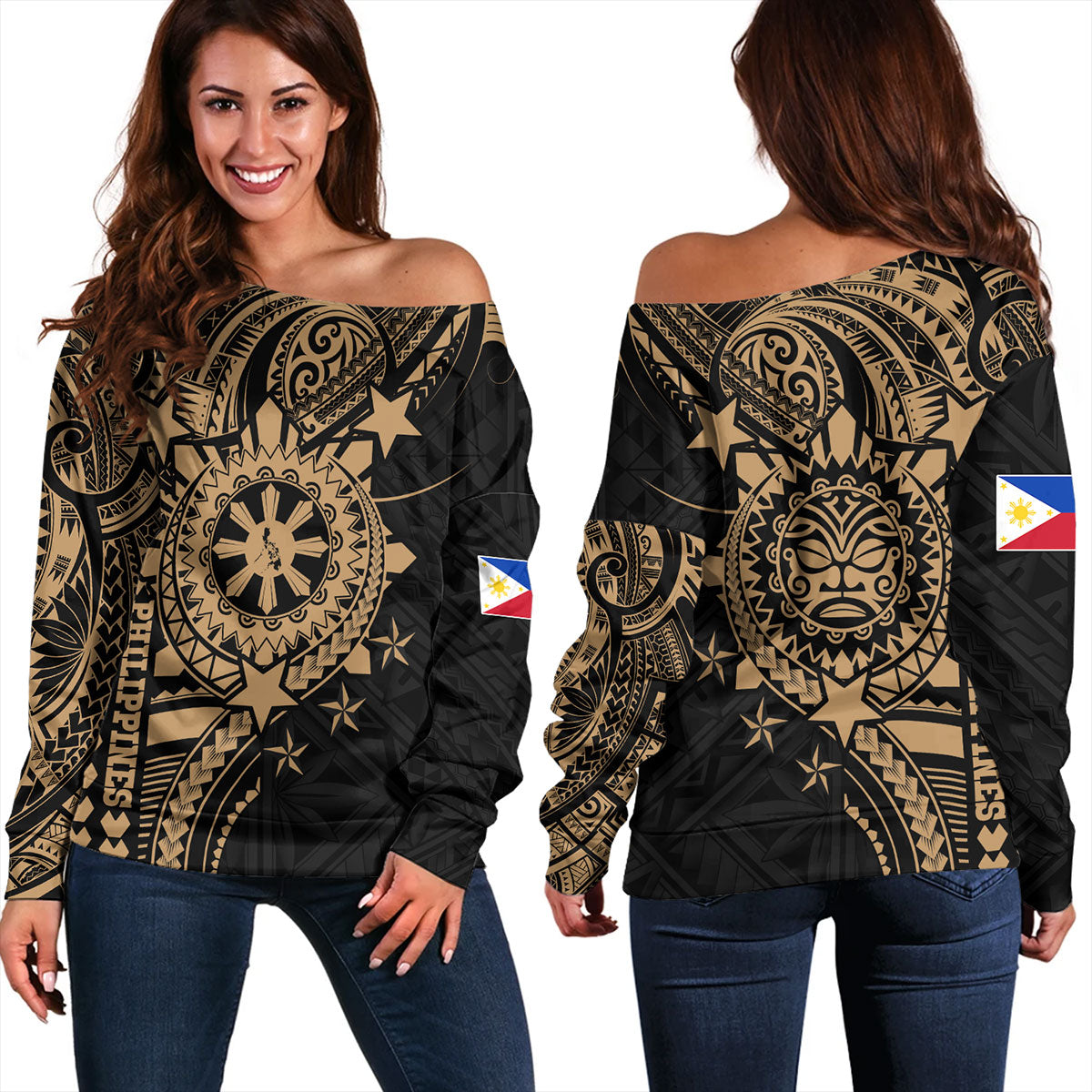 Philippines Filipinos Off Shoulder Sweatshirt - Proud To Be Filipino Tribal Sun Batok Gold Style