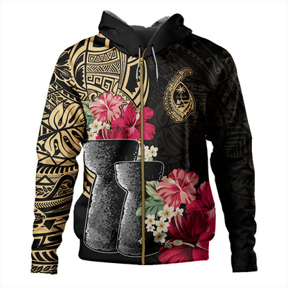 Guam Hoodie Black Latte Stone With Hibiscus Flower Tribal