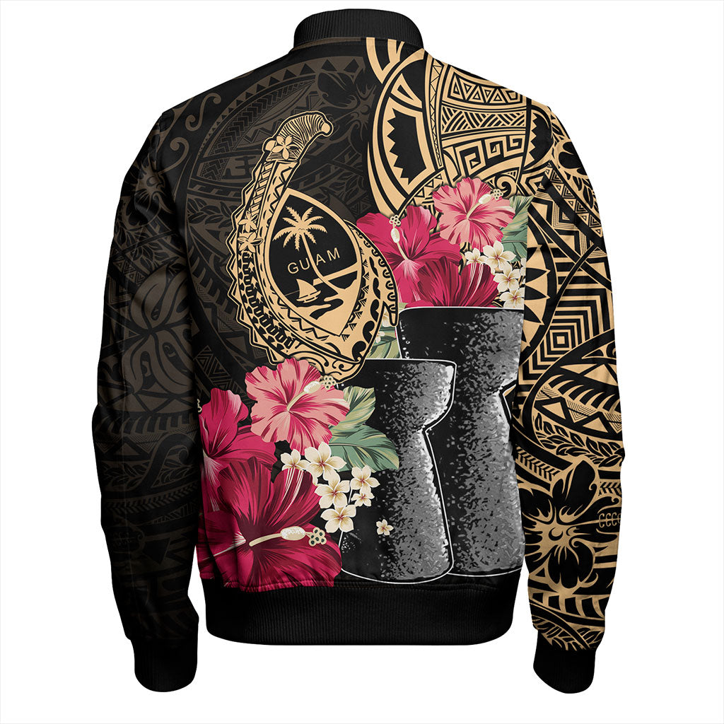 Guam Bomber Jacket Black Latte Stone With Hibiscus Flower Tribal