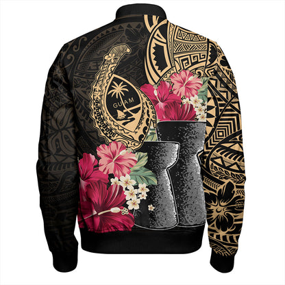 Guam Bomber Jacket Black Latte Stone With Hibiscus Flower Tribal
