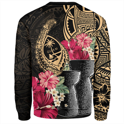 Guam Sweatshirt Black Latte Stone With Hibiscus Flower Tribal