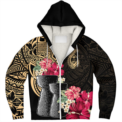 Guam Sherpa Hoodie Black Latte Stone With Hibiscus Flower Tribal