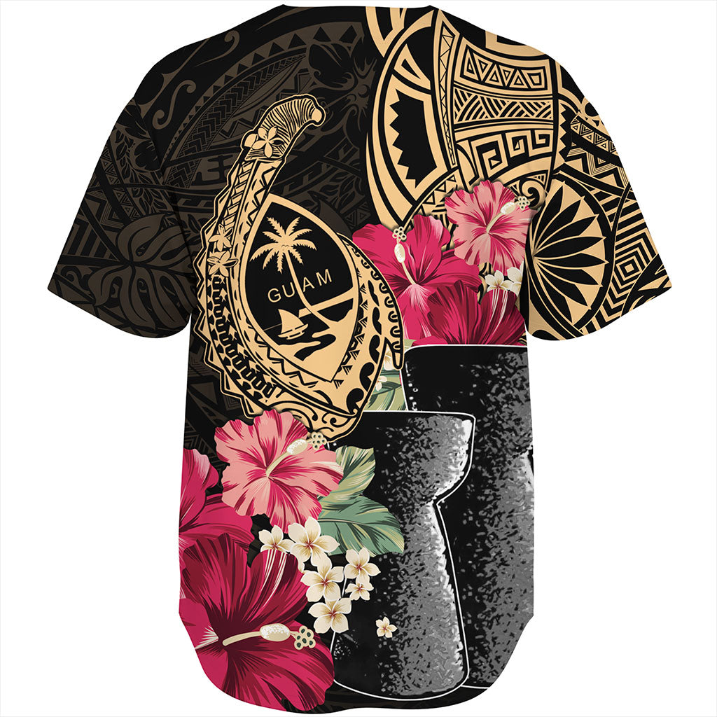 Guam Baseball Shirt Black Latte Stone With Hibiscus Flower Tribal