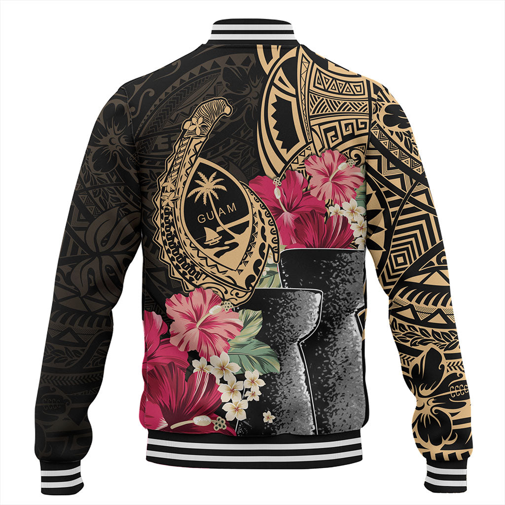 Guam Baseball Jacket Black Latte Stone With Hibiscus Flower Tribal