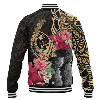 Guam Baseball Jacket Black Latte Stone With Hibiscus Flower Tribal