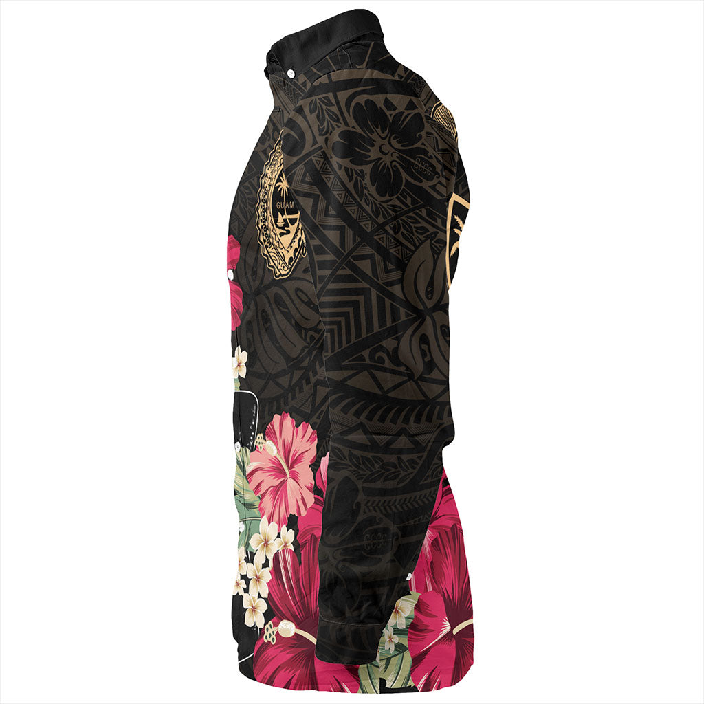 Guam Long Sleeve Shirt Black Latte Stone With Hibiscus Flower Tribal