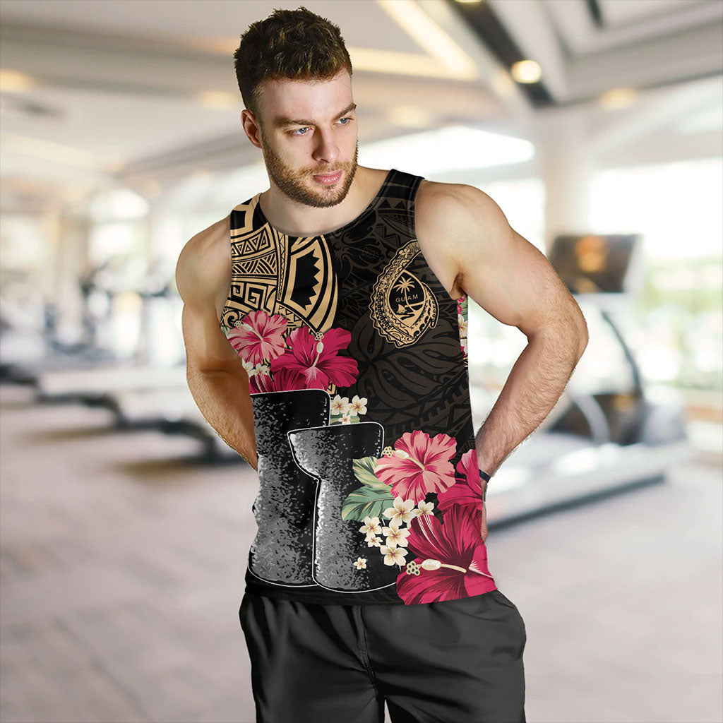 Guam Tank Top Black Latte Stone With Hibiscus Flower Tribal