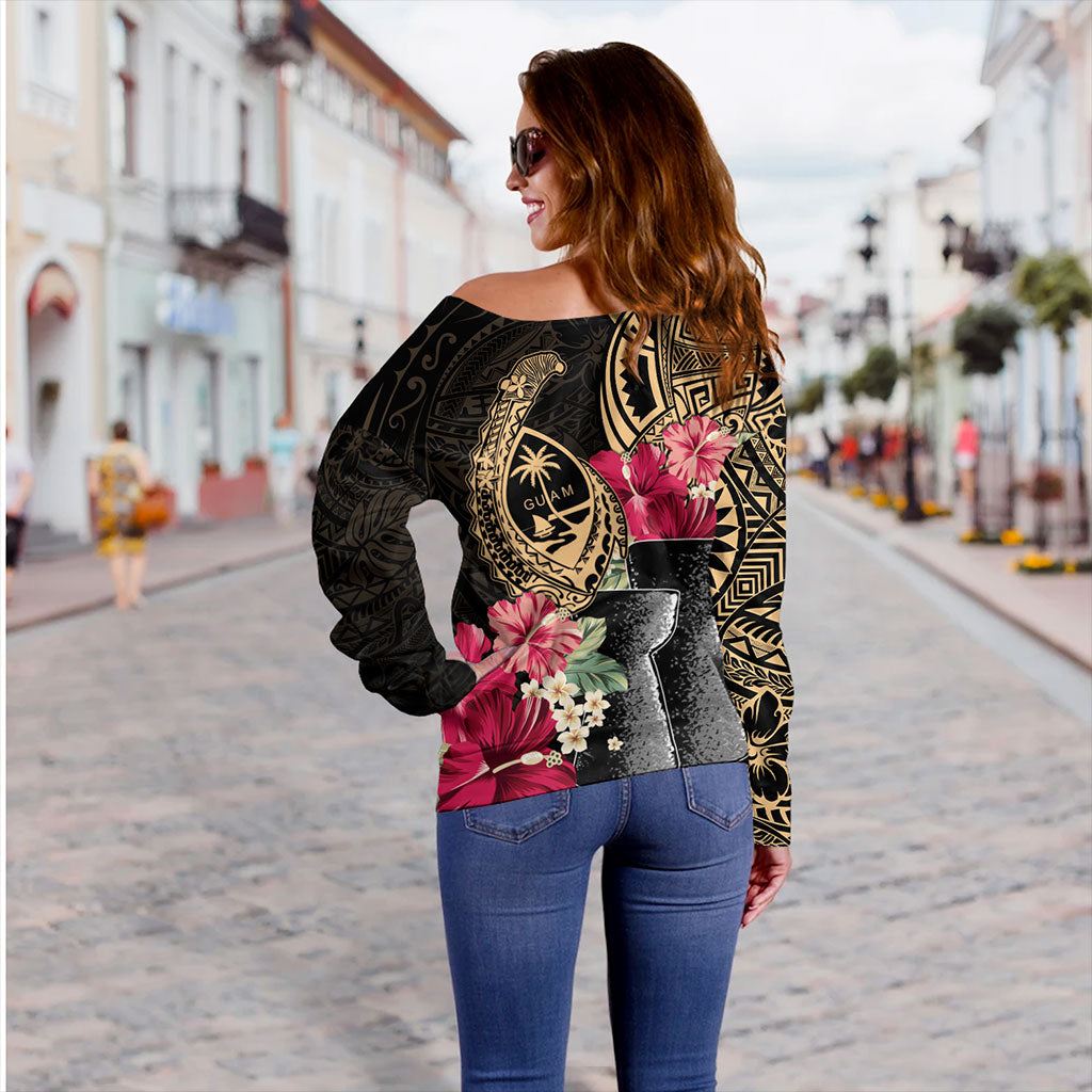 Guam Off Shoulder Sweatshirt Black Latte Stone With Hibiscus Flower Tribal