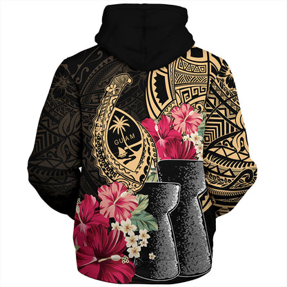 Guam Sherpa Hoodie Black Latte Stone With Hibiscus Flower Tribal