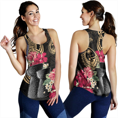 Guam Women Tank Black Latte Stone With Hibiscus Flower Tribal