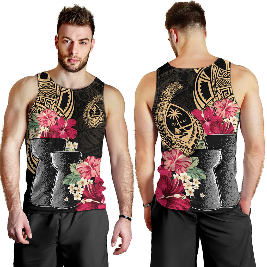 Guam Tank Top Black Latte Stone With Hibiscus Flower Tribal