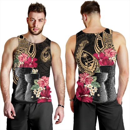 Guam Tank Top Black Latte Stone With Hibiscus Flower Tribal