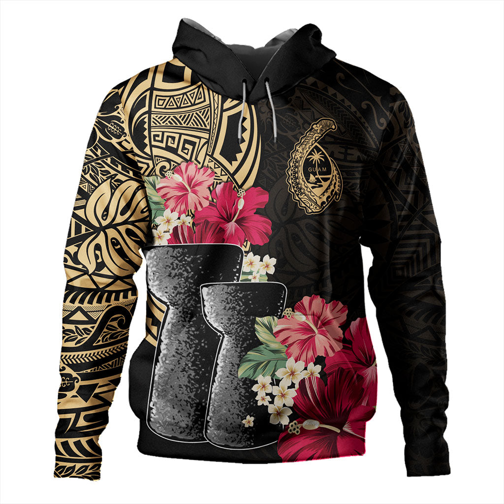 Guam Hoodie Black Latte Stone With Hibiscus Flower Tribal