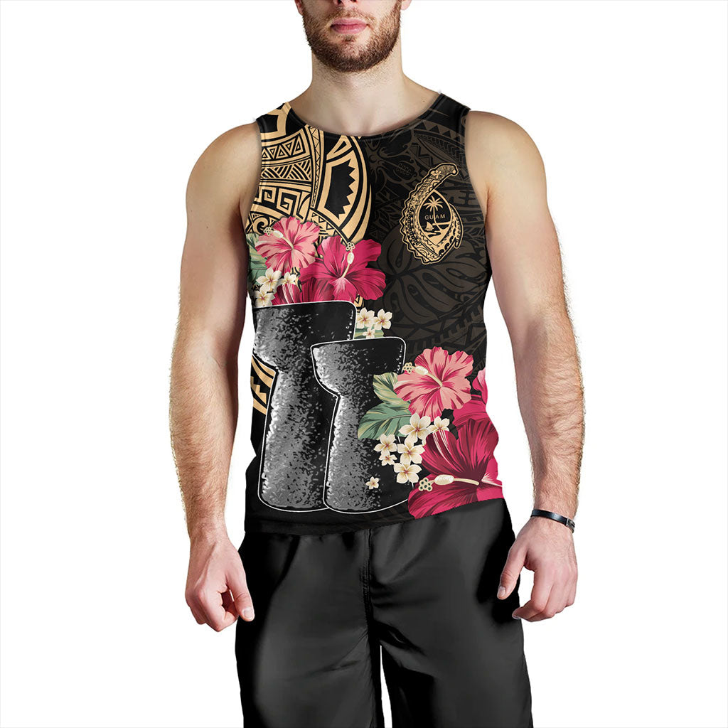 Guam Tank Top Black Latte Stone With Hibiscus Flower Tribal