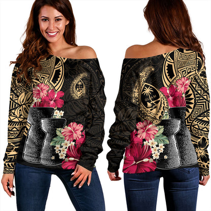 Guam Off Shoulder Sweatshirt Black Latte Stone With Hibiscus Flower Tribal