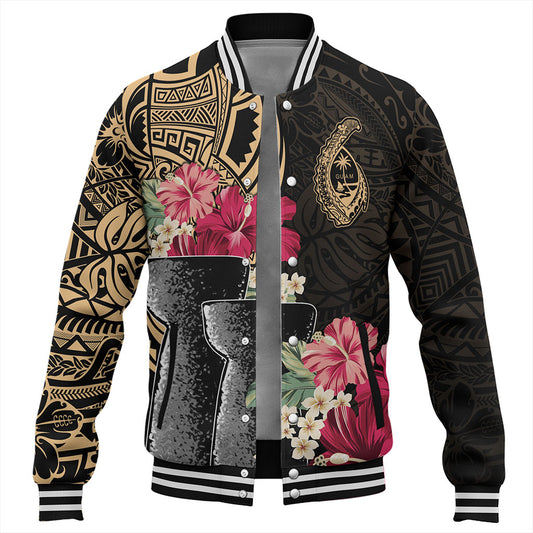 Guam Baseball Jacket Black Latte Stone With Hibiscus Flower Tribal