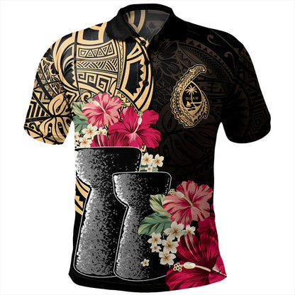 Guam Polo Shirt Black Latte Stone With Hibiscus Flower Tribal
