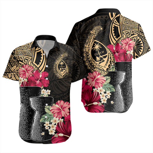 Guam Short Sleeve Shirt Black Latte Stone With Hibiscus Flower Tribal