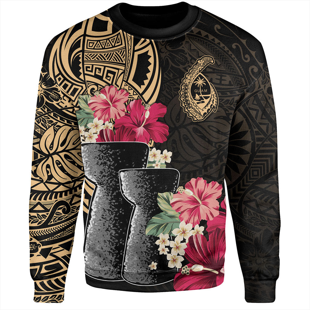 Guam Sweatshirt Black Latte Stone With Hibiscus Flower Tribal